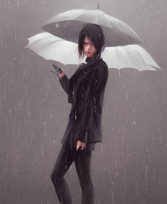 Image similar to an ultradetailed beautiful portrait painting of a stylish girl standing in the rain, side view, oil painting, high resolution, by ilya kuvshinov, greg rutkowski and makoto shinkai