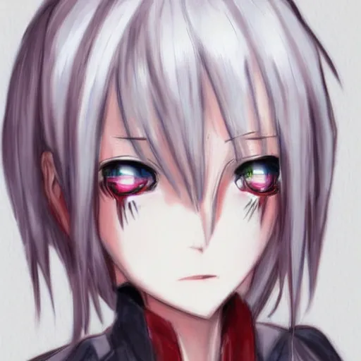 Image similar to white hair, red eyes, two little horn on the head, anime style, anime girl, sketch