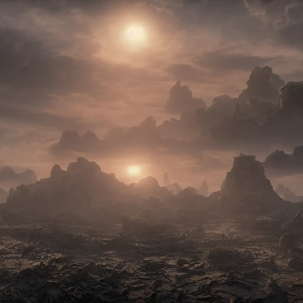 Image similar to An incredibly beautiful but ominous matte painting depicting a landscape with three suns, overgrowing a desolate ruins submerged in fog beneath the setting suns, nvidia, vray, evening, epic scale, octanerender