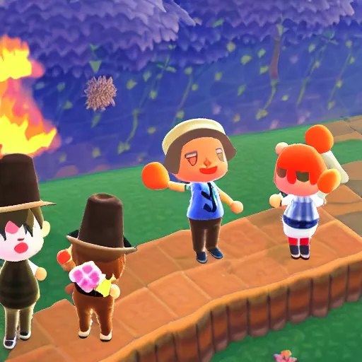 Prompt: animal crossing salem witch trials, burning, fire