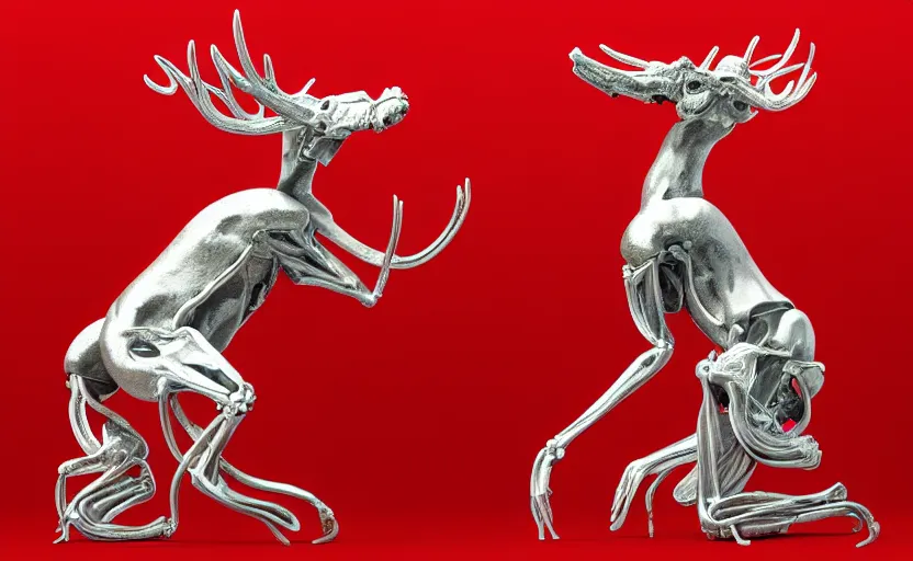 Image similar to stylized shiny polished silver statue full body bizarre extra limbs cosmic horror quadruped animal moose deer skull four legs made of marble of slug worm creature tendrils perfect symmetrical body perfect symmetrical face hyper realistic hyper detailed by johannen voss by michelangelo octane render blender 8 k displayed in pure white studio room anatomical deep red arteries veins flesh hell