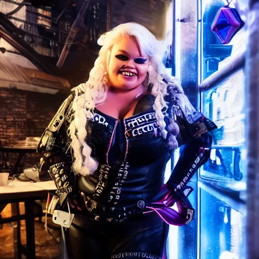 Image similar to high quality portrait of trisha paytas smiling as a pirate in a cyberpunk cyberpunk cyberpunk cafe, realism, 8k, award winning photo