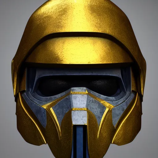 Image similar to realistic crusader helm design inspired by star wars, epic scale, character concept art, face symmetry, intricate accurate details, artstation trending, octane render, cinematic color grading, soft light, rule of thirds, golden ratio, like a professional model, cinematic, 8 k, clear.