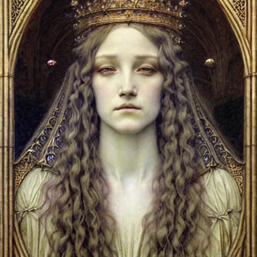 Image similar to detailed realistic beautiful young radiant medieval queen portrait by jean delville, gustave dore and marco mazzoni, art nouveau, symbolist, visionary, gothic, pre - raphaelite, horizontal symmetry