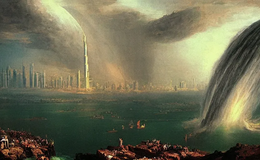 Image similar to “ the fall of dubai, in the style of thomas cole ”