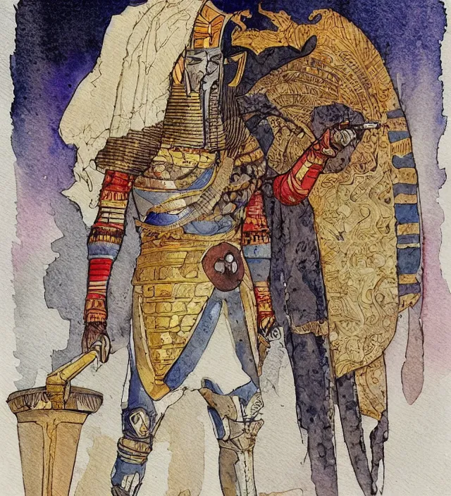 Image similar to a watercolor ink painting of a egyptian knight in the style of jean giraud in the style of moebius trending on artstation deviantart pinterest detailed realistic hd 8 k high resolution