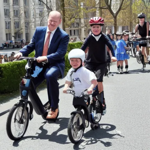 Prompt: chancellor of germany olaf scholz riding a tiny childrens bycicle