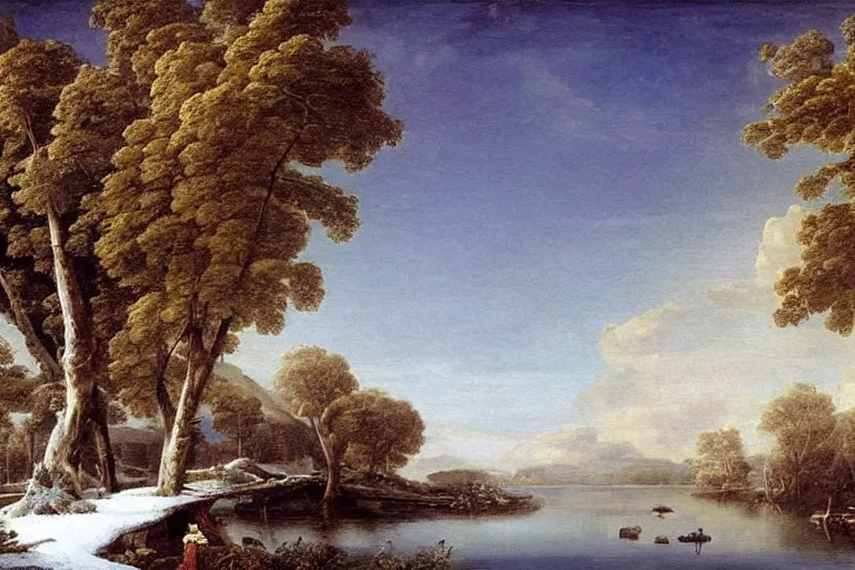 Prompt: beautiful landscape with winter and lake and tropical trees, mythology, fantasy, landscape background, vivid colors, digital painting, very detailed, realistic, high quality, by claude lorrain