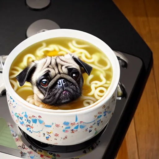 Image similar to An adorable pug sitting in a pot of ramen noodle soup atop a stove, high resolution photograph