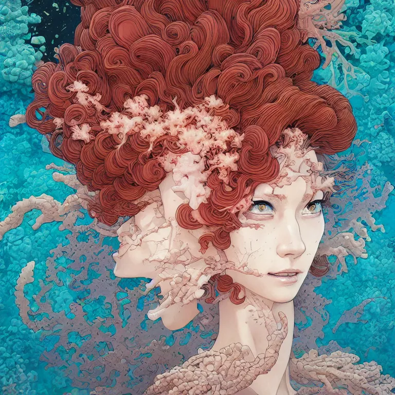 Image similar to woman with coral reef hair portrait soft light painted by james jean and katsuhiro otomo and erik jones, inspired by akira anime, smooth face feature, intricate oil painting, high detail illustration, sharp high detail