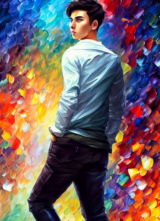 Prompt: handsome young man with short black hair, male, full detailed clothing, half body shot, arms down, path traced, highly detailed, high quality, digital painting, alena aenami, leonid afremov, lilia alvarado, shinji aramaki, karol bak, alphonse mucha, tom bagshaw