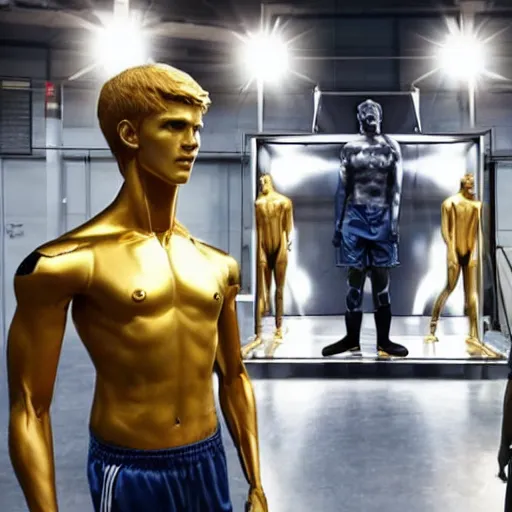 Image similar to a realistic detailed photo of a guy who is an attractive humanoid who is half robot and half humanoid, who is a male android, soccer players martin ødegaard, shiny skin, posing like a statue, blank stare, in a factory, on display, showing off his muscles, gold soccer shorts, side view, looking at each other mindlessly