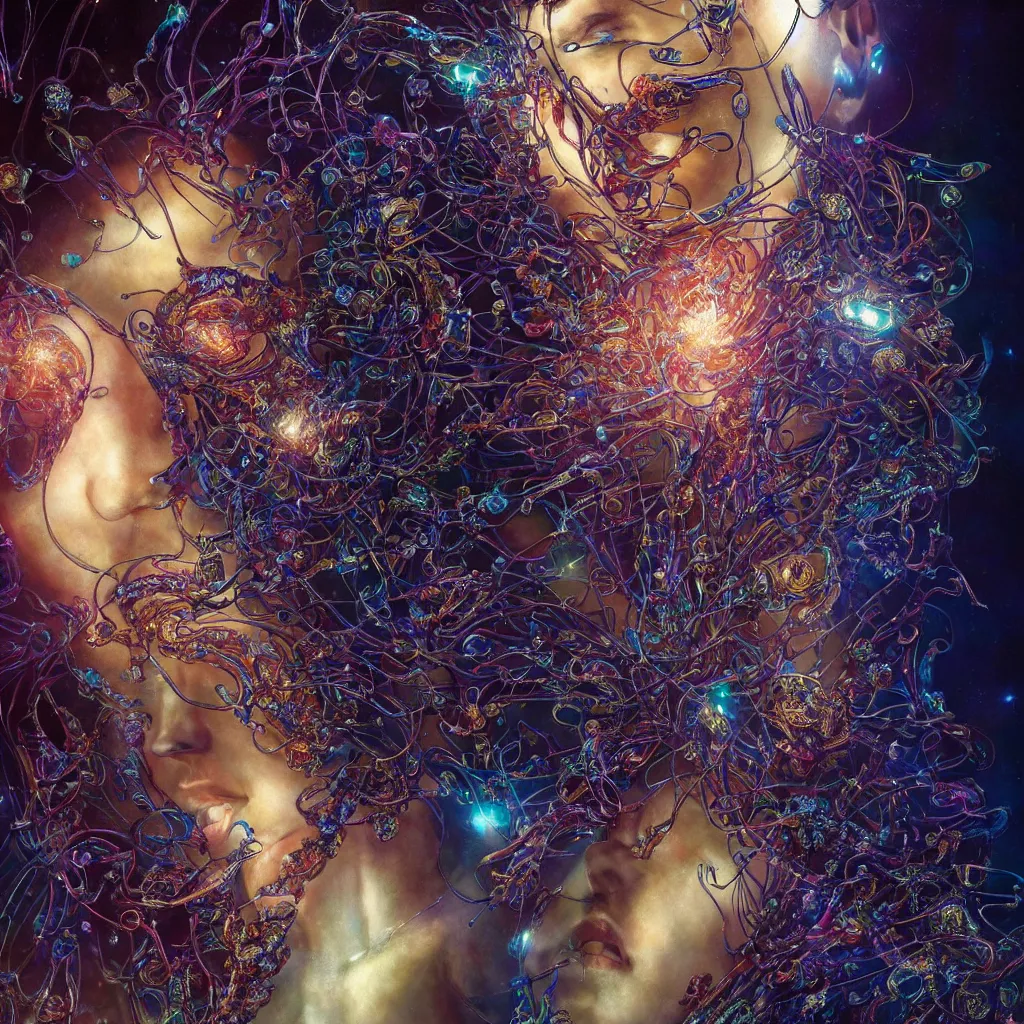 Image similar to extremely detailed cinematic movie still full body shot of 2 1 years old artist hyperreal skin face golden energy strings and neural networks art - nouveau style with sparkling crystals by denis villeneuve, wayne barlowe, simon birch, marc simonetti, philippe druillet, bright volumetric sunlight, rich moody colors, bokeh