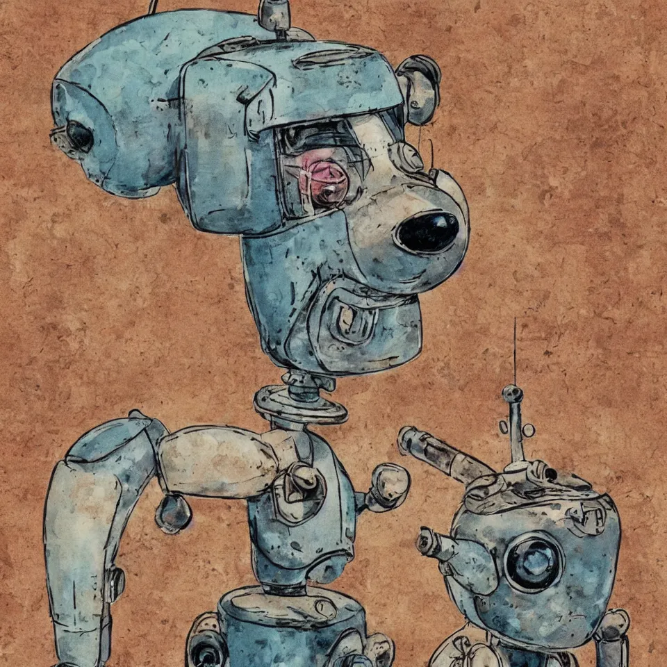 Image similar to a detailed illustration of a cute retro robot dog, alcohol inks on parchment, muted colors, detailed, textured parchment background, 1 9 5 0 s concept art