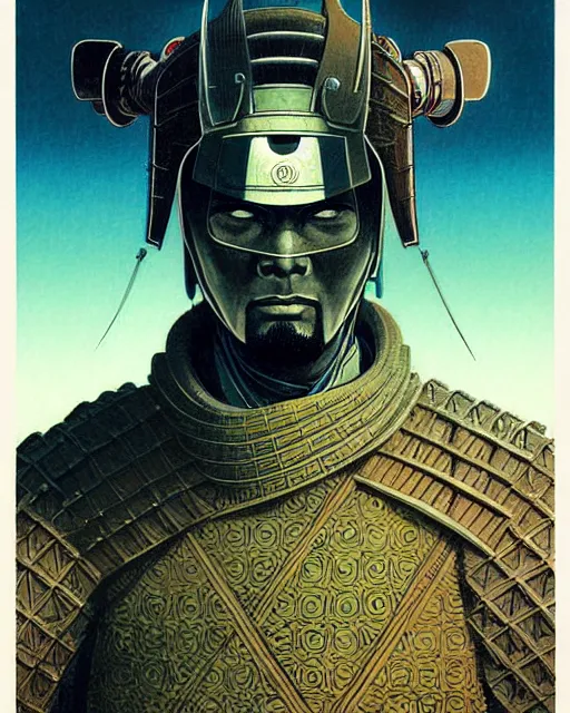 Image similar to anime samurai, character portrait, portrait, close up, concept art, intricate details, highly detailed, vintage sci - fi poster, in the style of chris foss, rodger dean, moebius, michael whelan, and gustave dore