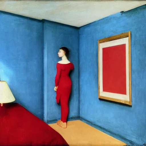 Prompt: a girl in a blue and red haunted liminal abandoned room, film still by edward hopper, by Pontormo, by klimt, art noveau, highly detailed, strong lights, liminal, eerie, Bright pastel colors