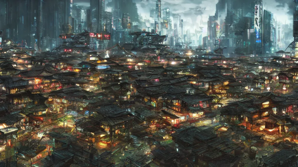 Image similar to small, oriental, japanese village with cyberpunk, techno - futuristic elements, concept art, fantasy, landscape, hyperrealistic, highly detailed, 4 k hd