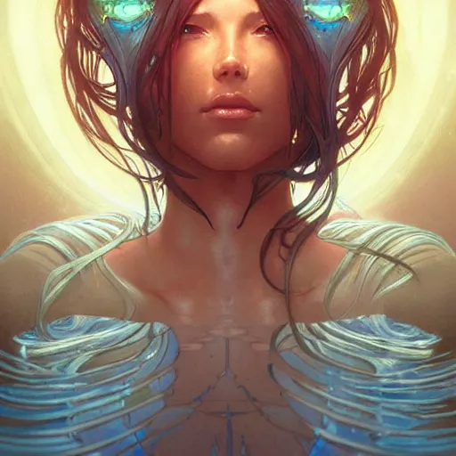 Image similar to cyborg, female, fantasy, bioluminiscence, flowing hair, highly detailed, digital painting, beautiful eyes, symmetry, concept art, sharp focus, illustration, art by artgerm and greg rutkowski and magali villeneuve and ilya kuvshinov! : : alphonse mucha : : - 0. 2