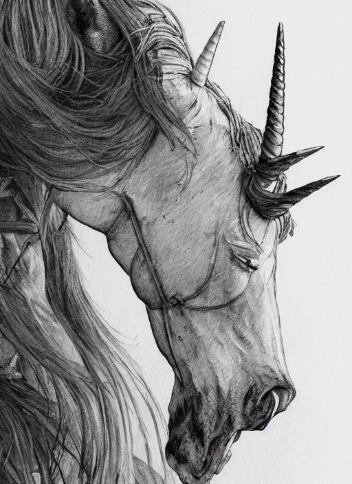 Prompt: portrait, A suicidal unicorn, watercolor, dramatic lighting, cinematic, establishing shot, extremely high detail, foto realistic, cinematic lighting, pen and ink, intricate line drawings, by Yoshitaka Amano, Ruan Jia, Kentaro Miura, Artgerm, post processed, concept art, artstation, matte painting, style by eddie mendoza, raphael lacoste, alex ross