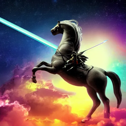 Image similar to A knight holding a sword while riding in a Pegasus through the galaxy, vaporwave, 4K