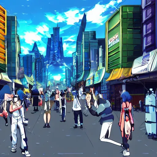 Prompt: futuristic city street with people fighting, anime style