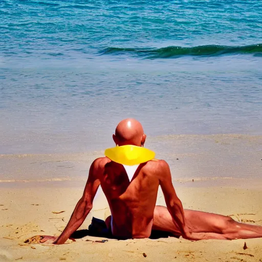 Image similar to nosferatu sunbathing on the beach, colorful photograph, beautiful day