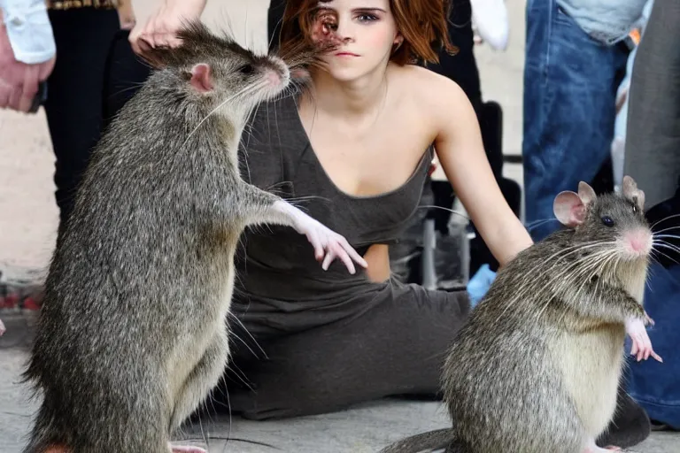 Image similar to 9, photo, emma watson as anthropomorphic furry - rat, 2 8 6 5 5, she is a real huge fat rat with rat body, cats! are around, eating cheese, highly detailed, intricate details