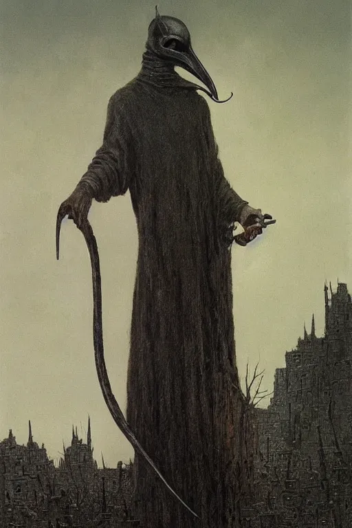 Image similar to plague doctor from iron gridle but human form, destroyed city and flames by zdzislaw beksinski, color