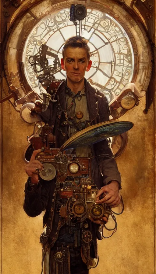 Image similar to hyper realistic photographer looking through camera towards viewer, magical, steampunk, painted by james gurney, norman rockwell, tom bagshaw, mucha, gaston bussiere, craig mullins, j. c. leyendecker 8 k