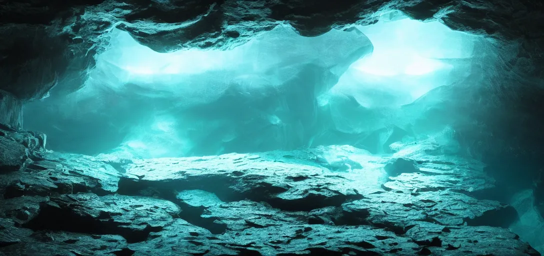 Prompt: beautiful view of an underwater cavern, glowing water with caustics, dark atmosphere, dappled light, reflections, light rays. refraction, symmetry, cinematic lighting, ultra detailed, sharp, ambient occlusion, bloom, raytracing, by dylan cole, sebastian meyer and jordan grimmer