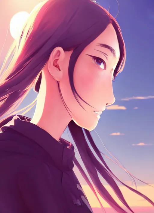 Prompt: side portrait of cute girl, sunset sky in background, beach landscape, illustration concept art anime key visual trending pixiv fanbox by wlop and greg rutkowski and makoto shinkai and studio ghibli and kyoto animation, futuristic wheelchair, symmetrical facial features, real face, future clothing, realistic anatomy, backlit