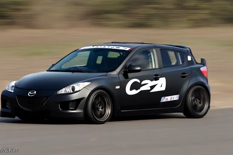 Image similar to black GT4 Mazdaspeed3 Gen 1 hatchback black plain livery simple, racing on highway photo 2008 cinematic motion blur dof