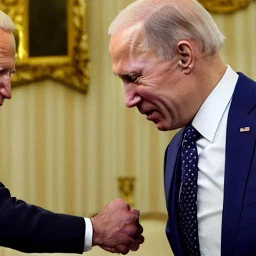 Prompt: biden and putin are in big pain while handshacking each other