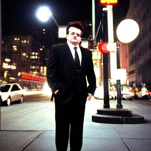 Prompt: 1 9 9 7 nathan lane wearing a black suit and necktie standing on the streets of chicago at night.