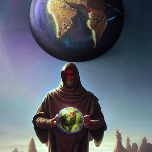 Image similar to masked nomad male wearing a cloak on an alien world and holding a holographic planet projection in his hand, detailed, sci - fi, digital painting, artstation, sharp focus, illustration, ominous, artgerm, tomasz alen kopera, peter mohrbacher, donato giancola, joseph christian leyendecker, wlop, frank frazetta