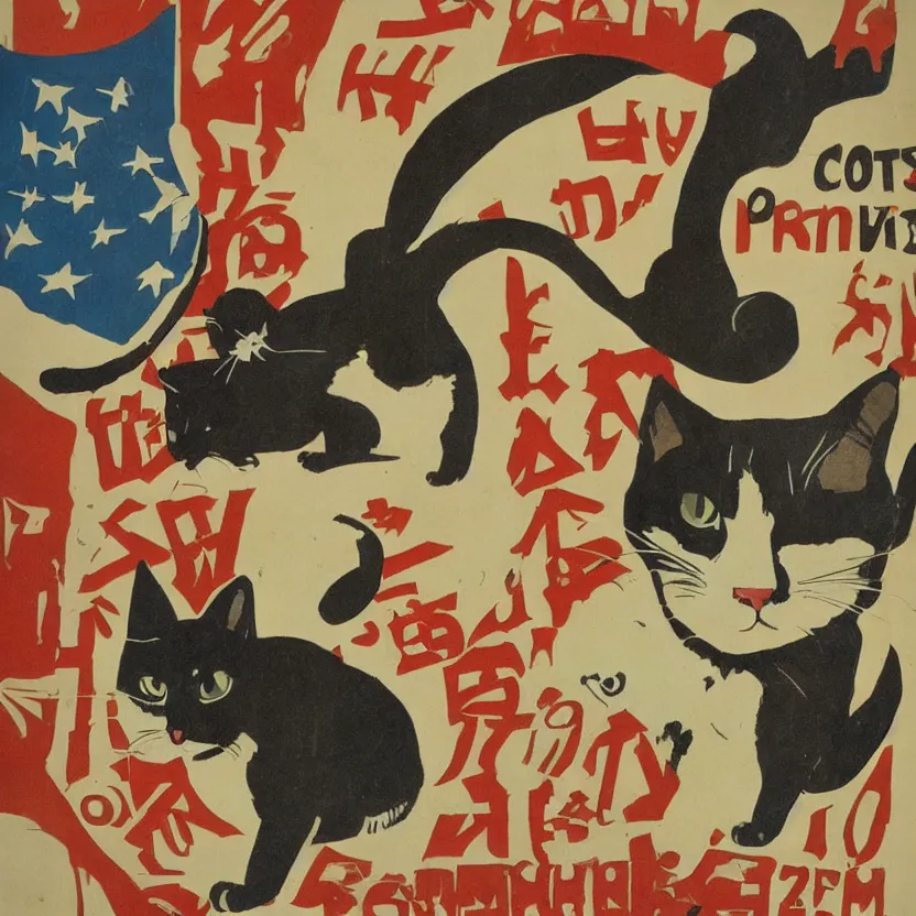 Image similar to propaganda poster with a cat as the centerpiece