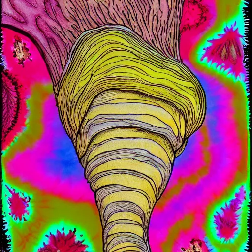 Prompt: detailed drawing of a white oyster mushroom fruiting from a tree trunk, psychedelic colors, tye dye