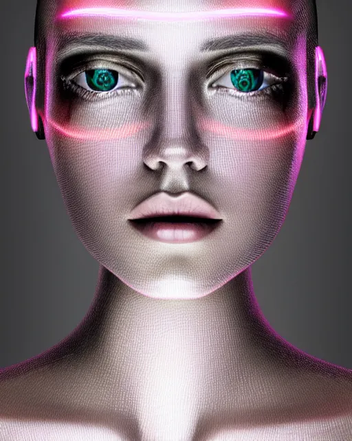 Image similar to fashion portrait, most beautiful girl in the world, glowing cybernetic augments, hyperrealism, year 2447, cdx