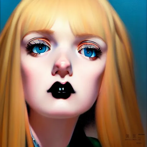 Prompt: a hyperrealistic oil painting superzoom image of a bored blonde goth girl looking straight ahead, by range murata, andy warhol, norman rockwell, super detailed, 8 k uhd digital wallpaper quality