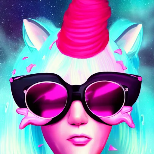 Prompt: A pink bubble unicorn with sunglasses, synthwave style, fantasy, portrait, trending on artstation, detailed, award winning