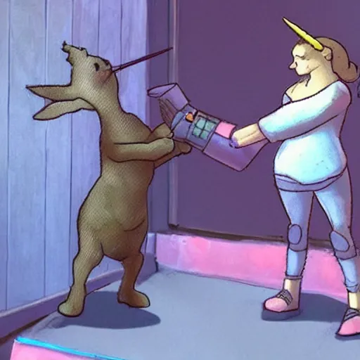Prompt: a small unicorn rabbit being pet by its owner in the fallout universe