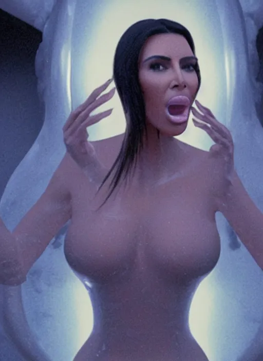 Image similar to film still of kim kardashian ingesting alien slime from the mouth of an xenomorph, transparent goo, transparent liquid, saliva, 8 k