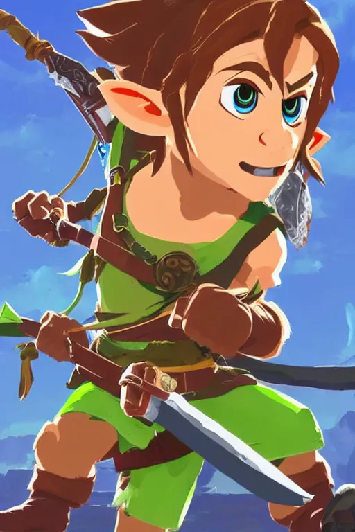 Image similar to an in game portrait of a. angry monkey holding the master sword from the legend of zelda breath of the wild, breath of the wild art style.