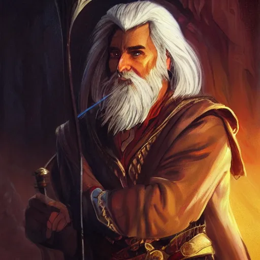 Image similar to beautiful portrait painting of a very short and small male halfing bard with white hair, full beard, from pathfinder, evil smirk, narcissist, self centered, casting fireball, painted by larry elmore, wayne reynolds, greg rutkowski, magic the gathering, dungeons and dragons, dishonored 2