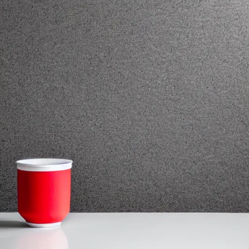 Image similar to an ultra high definition professional studio photograph, 5 0 mm f 1. 4 iso 1 0 0. the photo is set in a plain white room with a plain white plinth centrally located. the photo depicts an object on the plinth. the object is a cup. the cup is red.