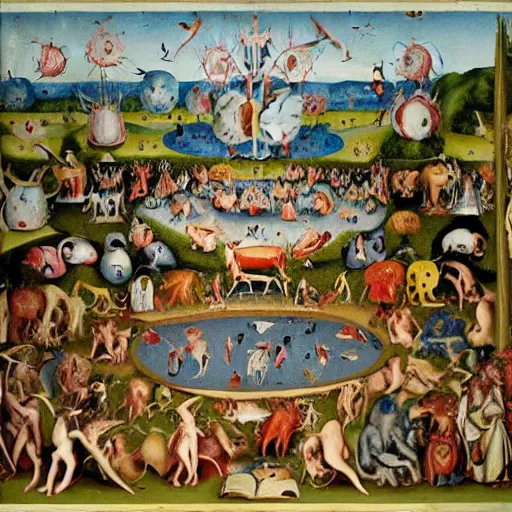 Image similar to Garden of Earthly Delights in the style of Where’s Waldo search and find book