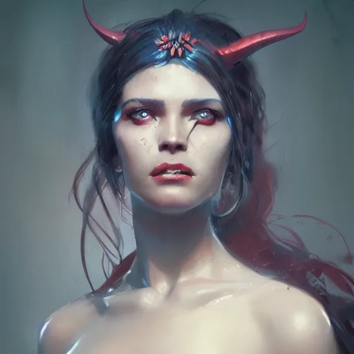 Image similar to a beautiful portrait of a devil goddess by greg rutkowski and raymond swanland, trending on artstation, ultra realistic digital art