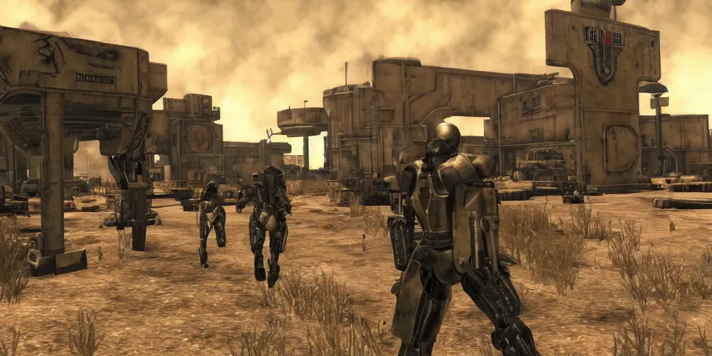 Image similar to patrol of brotherhood of steel from fallout : new vegas game ahead of large bunker gate