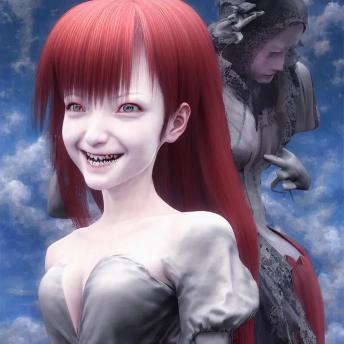 Image similar to renaissance portrait of the secretive vampire girl loner smiling at her next victim, by katsuhiro otomo, yoshitaka amano, nico tanigawa, and artgerm rendered with 3 d effect.