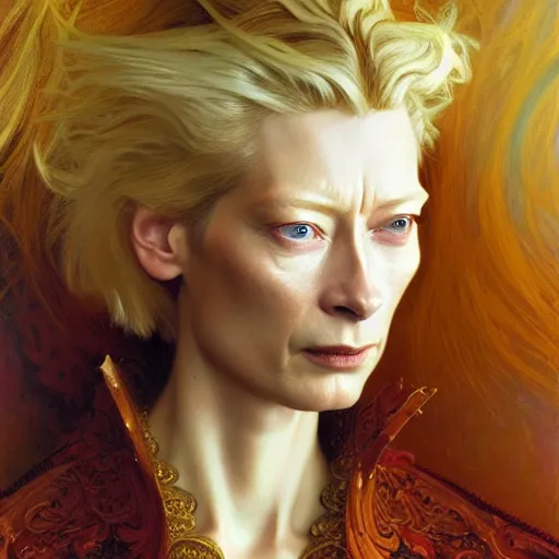 Prompt: young adult tilda swinton as lucifer morningstar, ornate long blond hair, natural lighting, path traced, highly detailed, high quality, digital painting, by gaston bussiere, craig mullins, alphonse mucha j. c. leyendecker